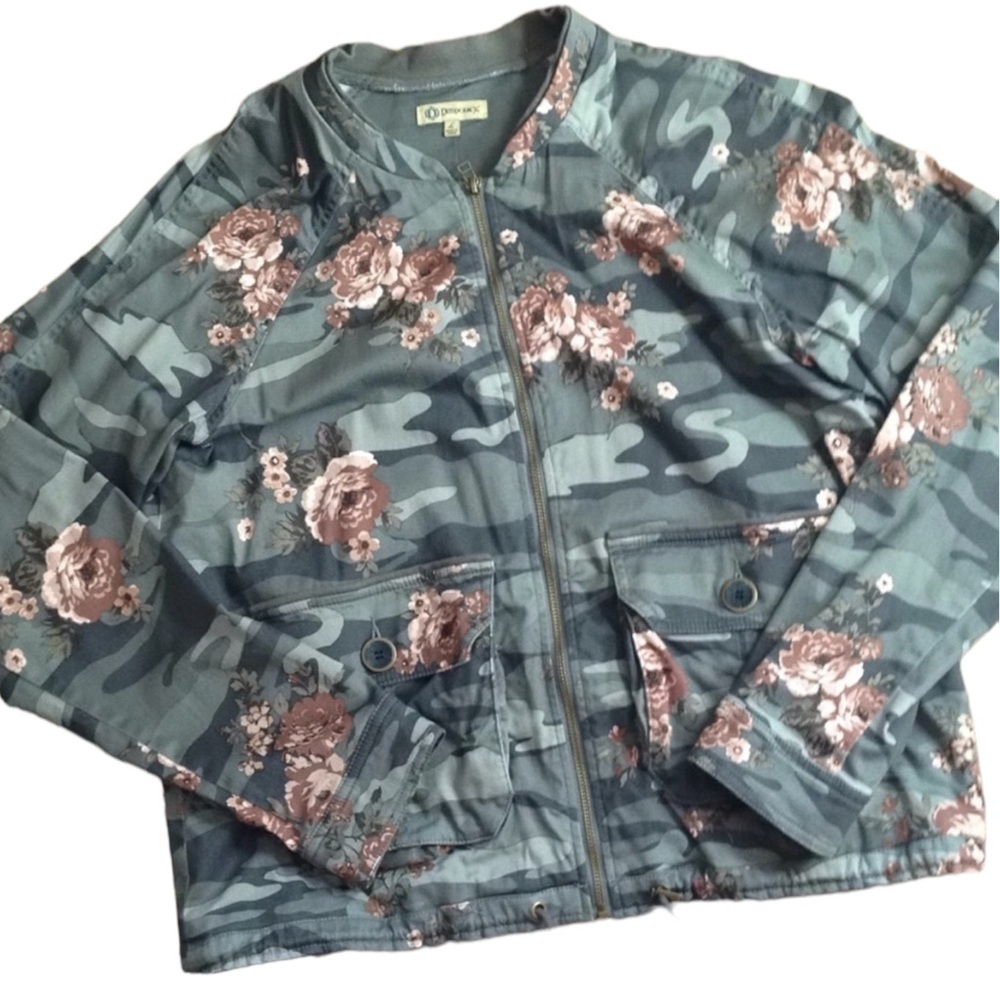 DEMOCRACY Floral Camo Bomber Jacket in Green Camo w/ Pink Florals Size Large - Picture 2 of 7